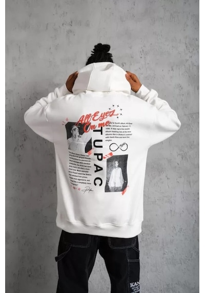 Veraura Lifestyle Erkek Ön Arka Baskılı Kapşonlu Sweat - Beyaz