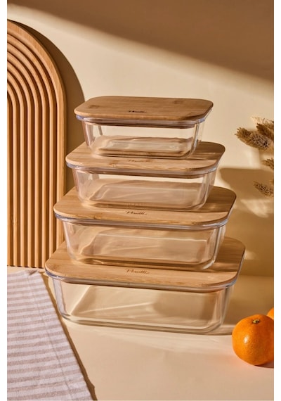 Perotti Locky Bamboo 4 Lü Cam Saklama Kabı 1500+1050+640+370 Ml Bambu - Şeffaf