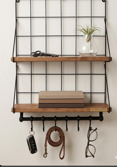 Çift Ahşap Raflı Metal Duvar Rafı 6 Kancalı Mutfak & Banyo Organizer 60 40 Cm Kahverengi