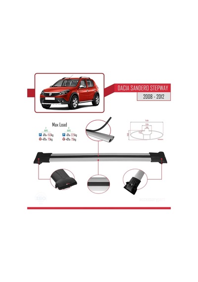 Dacia Sandero Stepway 2008-2012 Arası İle Uyumlu Fly Model Ara Atkı Tavan Barı Gri