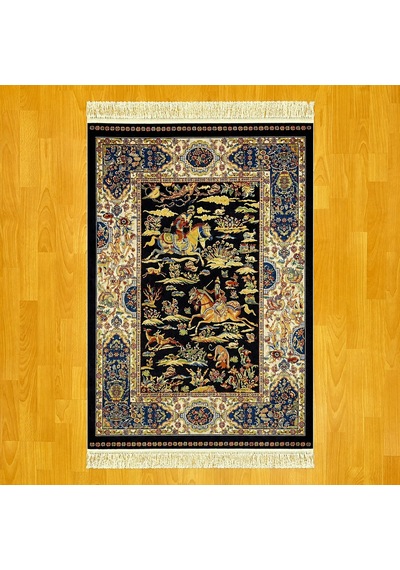 Şehname Motifli 80 X 120 Cm İpek Halı Siyah