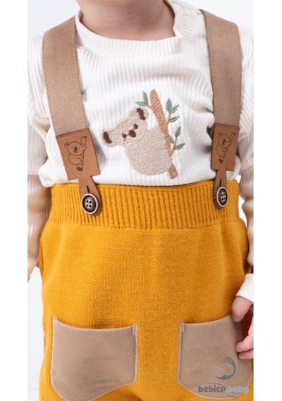 Bebicix Triko Askılı Koala Temalı Kaşkorse Esnek Badili Bereli Unisex Bebek Takım HARDAL