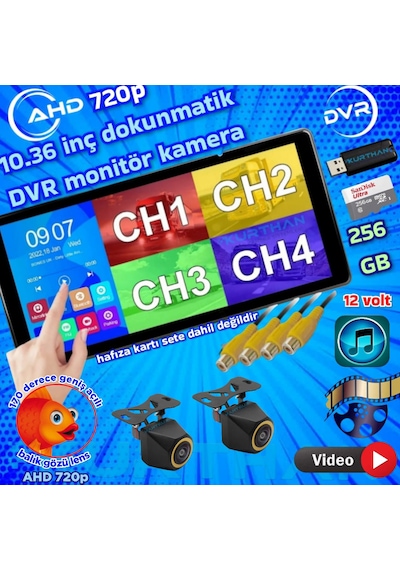 2 Adet Balık Gözü 720p Ahd 170'' Kamera Dokunmatik 10.36'' Video Müzik Dvr Ekran Seti 12 V
