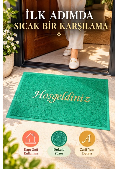 Yeşil 40x60 Cm Hoşgeldiniz Yazılı Kapı Önü Paspası Kıvırcık Dokulu Altın Yazılı Dekoratif Ev Paspası