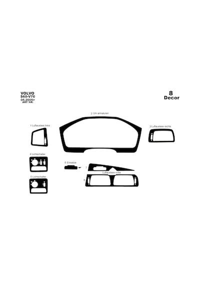 Volvo S60 / V70 Uyumlu Torpido Kaplama 2005-2009 8 Parça Piano Black