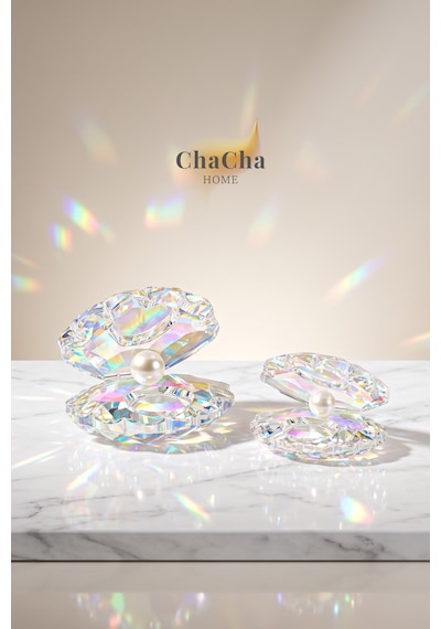 Chacha Home Oceana Pearl 2'li Kristal İncili İstiridye Obje Seti 9x7 Cm & 7x5 Cm - Lüks Cam Dekoratif Masa Üstü Biblo Şeffaf
