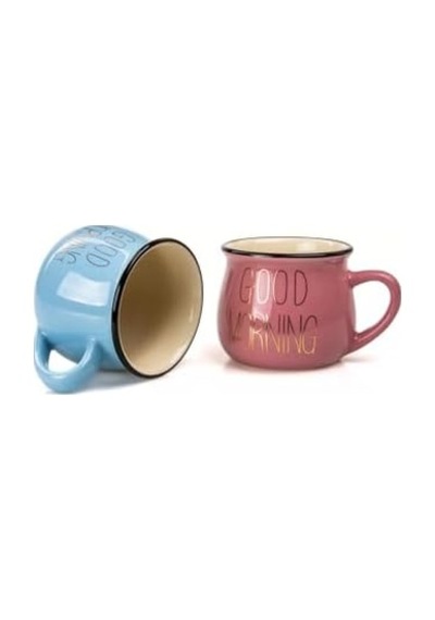 2&apos Li Emaye Görünümlü Porselen Kupa Seti Good Morning Gold Yazılı 150 Ml,pembe & Mavi Açık Ahşap