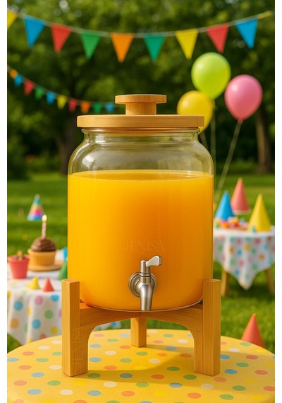 4 Litre Cam Şerbetlik Musluklu, Bambu Standlı Sunumluk Sebil İçecek Dispenseri Şeffaf