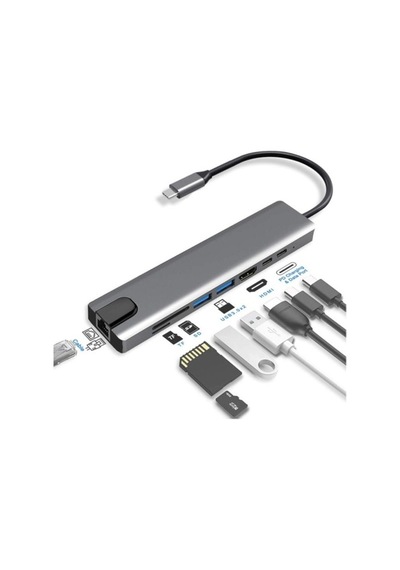 8 In 1 Ethernet Sd Usb Type C Hub Hdmı Girişli Apple  Uyumlu MacBook Çevirici