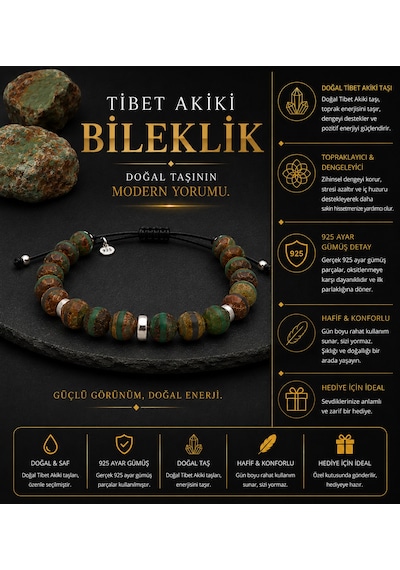 Tibet Akik Doğal Taşlı 8mm - 925 Ayar Gümüş Detaylı Makrome Örgülü Erkek Bileklik Hediye Kutulu