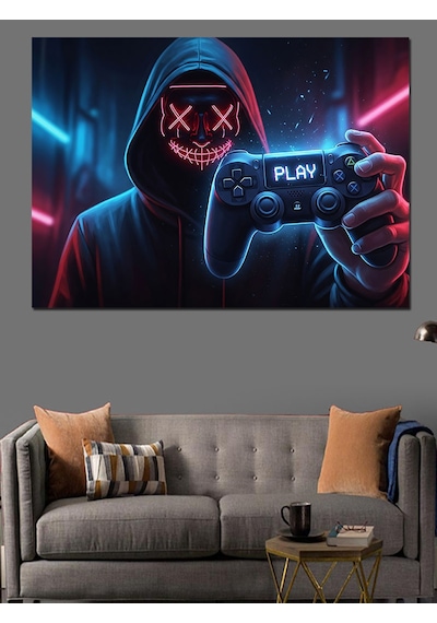 Neon Işıklı Kapşonlu Gamer Figür Dekoratif Kanvas - Mdf Ahşap Tablo