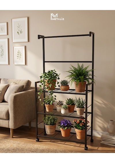 Tekerlekli Metal Saksı Standı Ve Bitki Askılığı - 3 Raflı Portatif Çiçek Rafı Siyah -