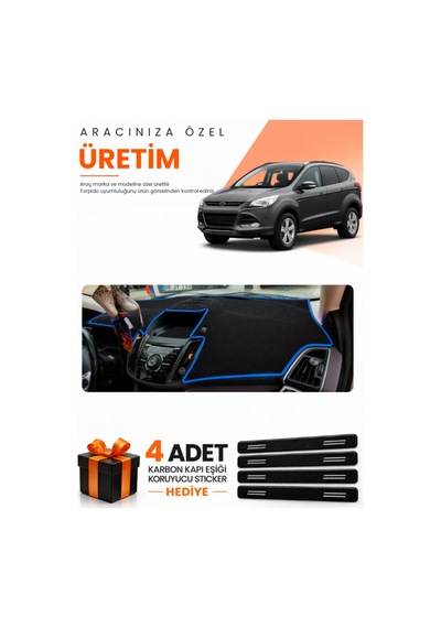 Ford Kuga 2013-2015 Uyumlu Torpido Koruma Örtüsü Oto Kılıfı - Siyah Mavi