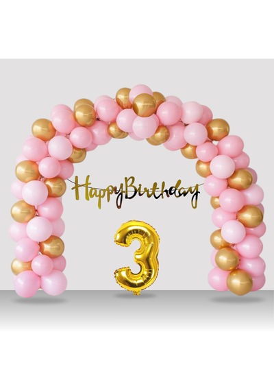 3 Yaş Retro Gold Pembe Balon Happy Birthday Banner Gold Rakam Doğum Günü Süsleme Çok Renkli