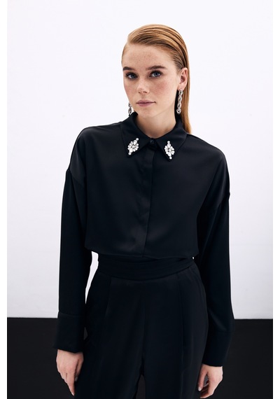 Sateen Aksesuar Detaylı Gömlek - Siyah-135822 Siyah