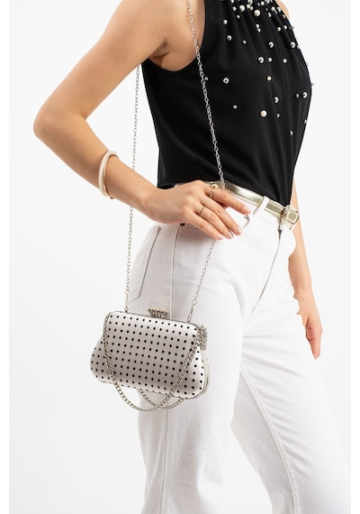 Lebibe Shoes Polkıa Ekru Saten Kumaş Puantiye Desenli Zincir Askılı Klips Kapamalı Clutch Çanta