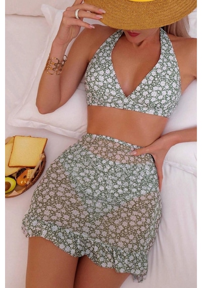 Bella Notte 3 Parça Yeşil Papatya Desenli Pareolu Bikini Takım Çok Renkli
