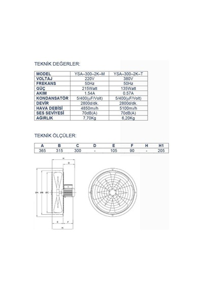 Ayas 30 Cm 2800 D/D Sanayi Tipi Aspiratör 220 Volt Monofaze