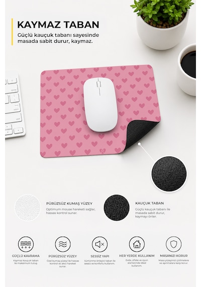 Pembe Renkli Kalpli Desenli Ergonomik Mouse Pad, Kaymaz Yüzey İle Ev Ve Ofis Kullanımı İçin İdeal 230x190x2mm