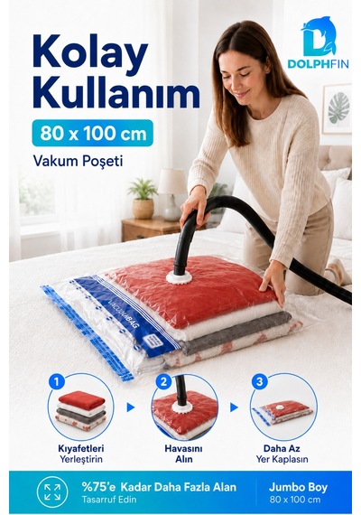 Vakumlu Poşet 80x100 Cm Battal Boy Yorgan Battaniye Hurç Giysi Saklama Torbası 1 Adet Şeffaf