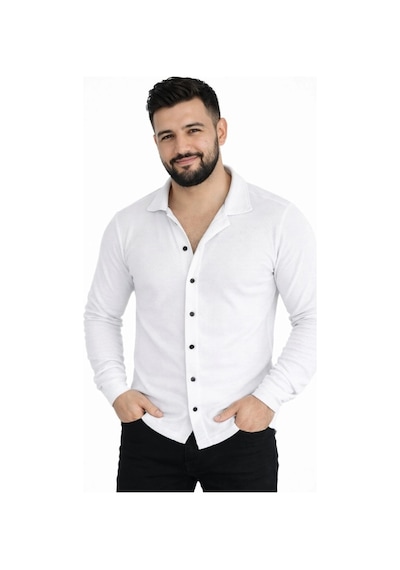 Erkek Waffle Kumaş Uzun Kollu Düğmeli Açık Yaka Regular Fit Gömlek - Beyaz