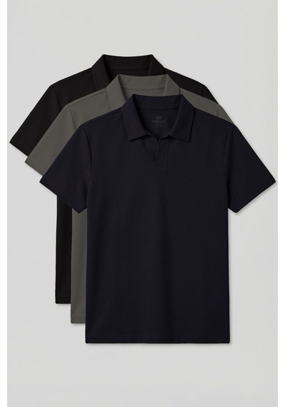Rahat Form Polo Yaka 3lü Paket Siyah-haki-lacivert Erkek T-shirt - 88496 Siyah - Haki - Gri