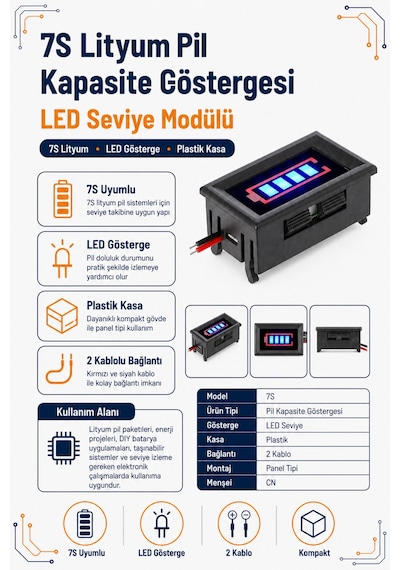 7s Lityum Pil Kapasite Göstergesi - Plastik Kasalı Led Seviye Modülü