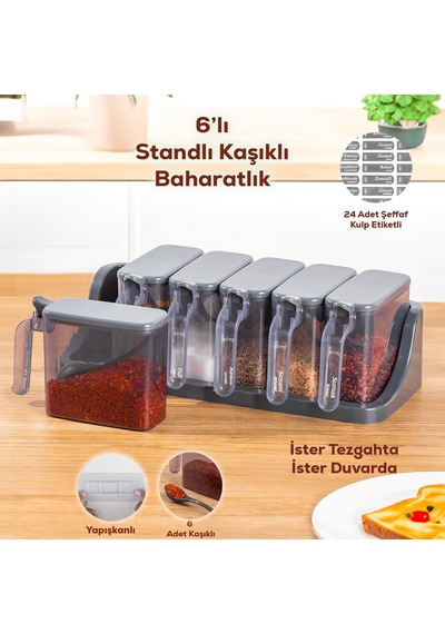 1182 6 Lı Standlı Kendinden Yapışkanlı Kapaklı Kaşıklı Baharatlık Takımı - Baharatlık - Antrasit Çok Renkli
