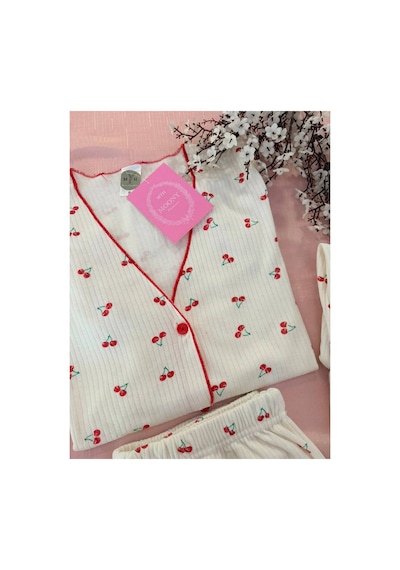 Mh Moony Homewears 3'lü Kadın Kiraz Desenli V Yaka Pijama Takımı Moony Bordo Kırmızı