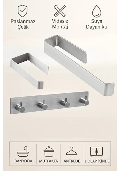 3'lü Set Paslanmaz Çelik Yapışkanlı Havlu Askılığı, Tuvalet Kağıtlığı Ve 4'lü Askılık Yapışkanlı Metal