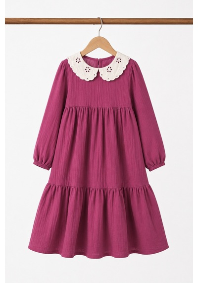Angel&co. Girls Clothing Brode Yaka Müslin Midi Elbise-fuşya Fuşya