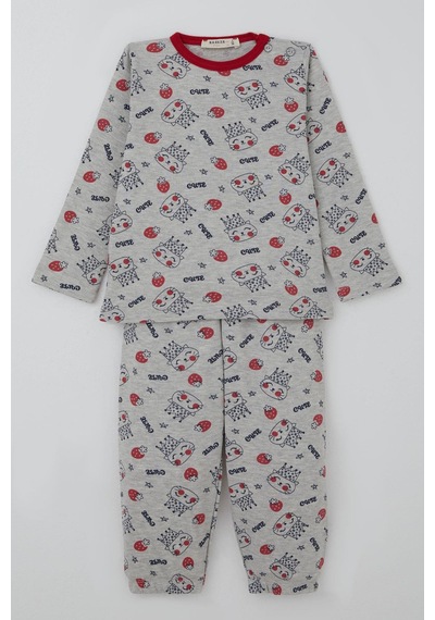 Breeze Kız Bebek Pijama Takımı Sevimli Kraliçe Desenli Çilekli 9 Ay-3 Yaş, Açık Gri Melanj Açık Gri Melanj