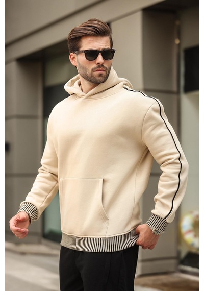 Madmext Bej Kapüşonlu Kanguru Cep Erkek Sweatshirt E7163 Bej