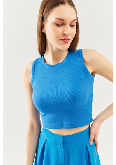 Butikgiz Kadın Sıfır Kol Bisiklet Yaka Vücuda Oturan %100 Pamuklu Kaşkorse Esnek Crop Bluz Parlament/indigo