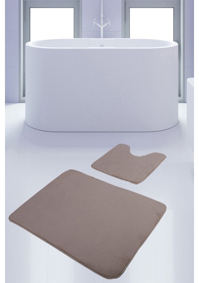 Unicolor Düz Vizon 2'li Banyo Paspası Halısı Seti Kaymaz Deri Tab