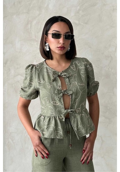 Verymoda Önden Bağlamalı Nakışlı Bluz D2788 Açık Haki