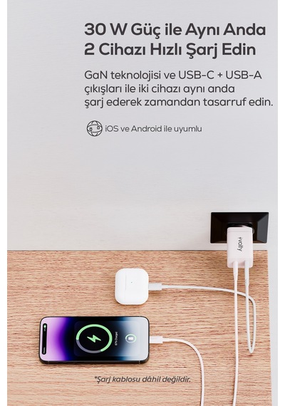 Hızlı Şarj Adaptörü 30w Pd Gan, Usb-c & Usb-a, İphone & Samsung Uyumlu, 55gr Beyaz-v0102008