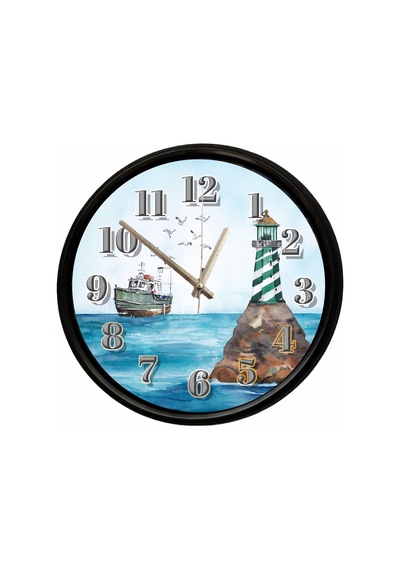 Deniz Feneri Ve Balıkçı Teknesi Temalı Dekoratif Duvar Saati 28 Cm Sessiz Mekanizma Çok Renkli