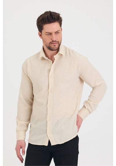 Cool Tarz Erkek Slim Fit Dar Kalıp Uzun Kol Pamuklu Keten Efekt Gömlek Krem Krem