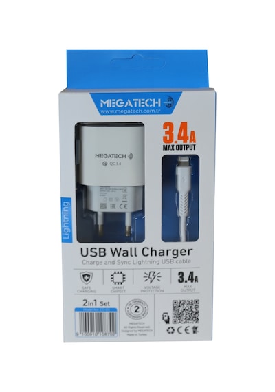 Megatech CC-03 3.4A Lightning Usb Kablo + Ev Şarj Adaptörü Hızlı