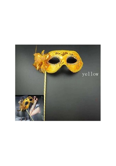 Lüks Taşlı Saplı Maskeli Balo Maskesi Altın Renk 35 Cm Çok Renkli