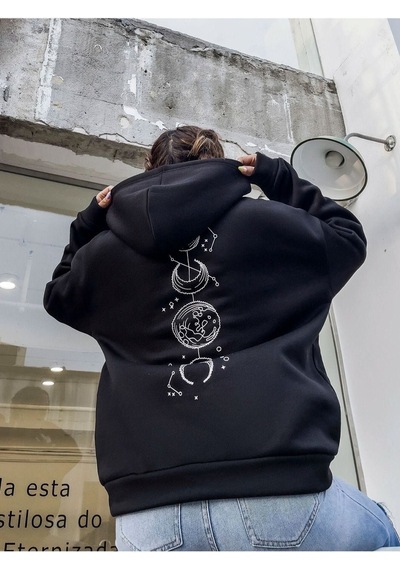 Altamira Unisex Siyah Galaksi Baskılı Oversize Kapşonlu Sweatshirt 001