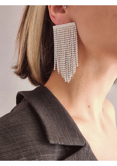 Fenomen Sallantılı Taşlı Gece Abiye Silver Küpe