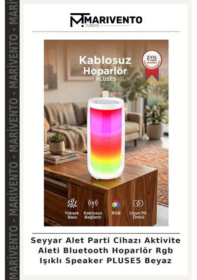 Seyyar Alet Parti Cihazı Aktivite Aleti Bluetooth Hoparlör Rgb Işıklı Speaker Pluse5 Beyaz
