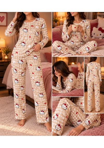Lila İç Giyim Kadın Kareli Desenli Baskılı Uzun Kollu Pijama Takımı Rahat Ev Giyim Seti Krem Lila İç Giyim Kadın Kareli Desenli Baskılı Uzun Kollu Pijama Takımı Rahat Ev Giyim Seti Krem