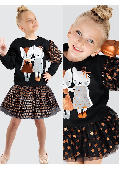Denokids Kız Çocuk Yıldız Desenli Tüllü Siyah Beli Lastikli Etek 5-11 Yaş