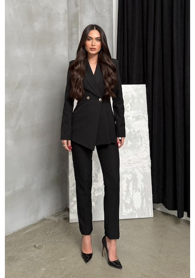 Msm Fashion Kadın İkili Blazer Ceket Pantolon Takım Pile Ve Düğme Detaylı Boru Paça Siyah