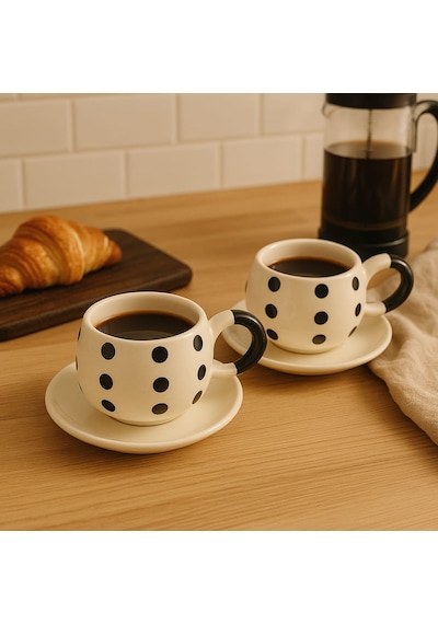 Dekorasyaa Duble 2'li Seramik Kahve Fincan Takımı - 150ml - Puantiye Desenli Beyaz - Siyah