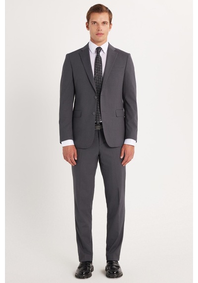 Tudors Erkek Slim Fit Mono Yaka Likralı Esnek Kumaş Füme Takım Elbise-33906 Füme
