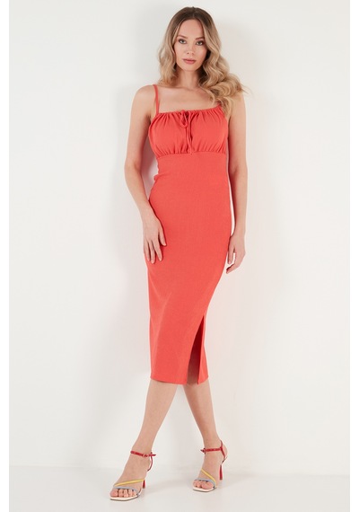 Lela Önü Büzgülü Ip Askılı Yırtmaçlı Fitted Midi Bayan Elbise 5865362 Nar Çiçeği